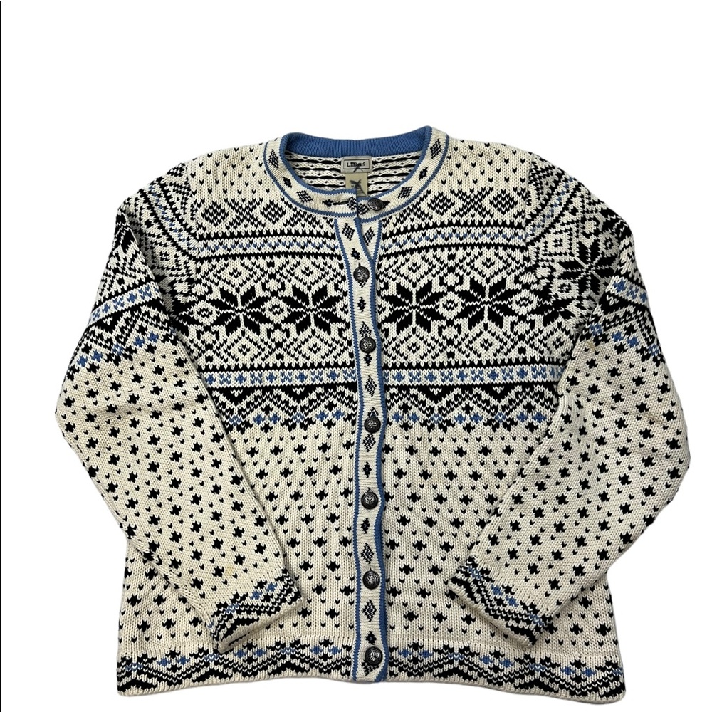 LL BEAN Cotton Cardigan Fair Isle Snowflake Nordic Print Pewter Button - Picture 4 of 10